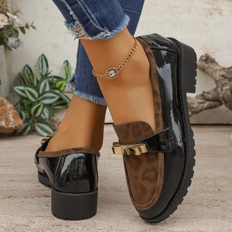 Leopard Low Top Single Fashion Round Toe Deep Mouth Bow Platform Non-Slip Loafer