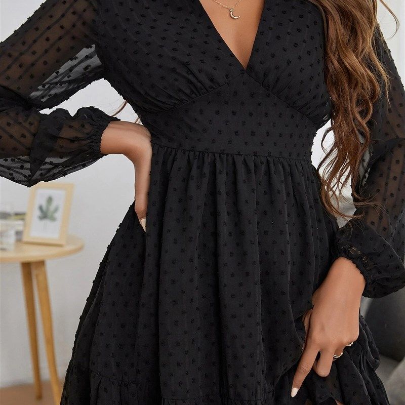 

2022 Women Ins Long Sleeve Vneck High Waist Commuter Dress Black L