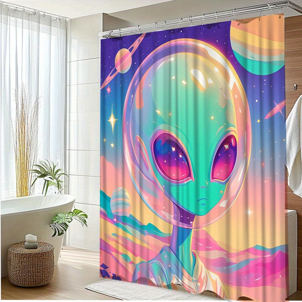 1Pc Colorful Alien Space Shower Curtain - Vibrant Cosmic Design With Planets & Stars, Durable Polyester Fabric, 70.8X70.8 Inches
