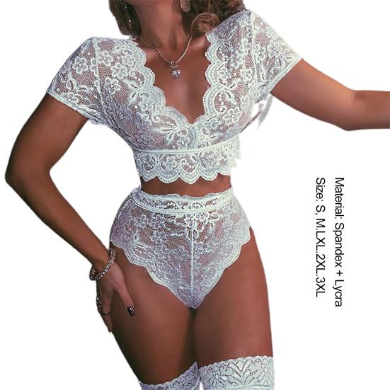 Underwear Lace Crochet Stitching Skin-friendly Spandex Women Sexy Sleepwear Set for Daily Wear