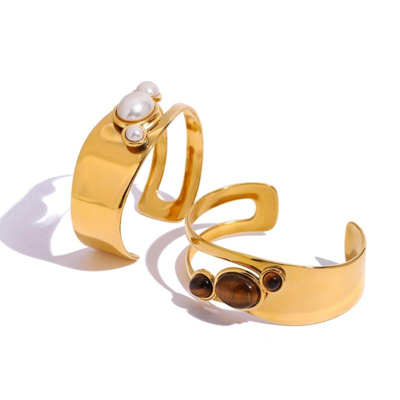 Irregular Open Cuff Pearls Bracelet Stainless Steel Wristchain Adjustable Bangle Geometric Jewelry Festival Accessories