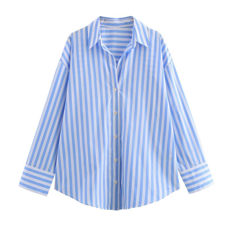 Spring & Autumn Women's European & American Style Striped Lapel Single-Breasted Loose Long Sleeve Shirt