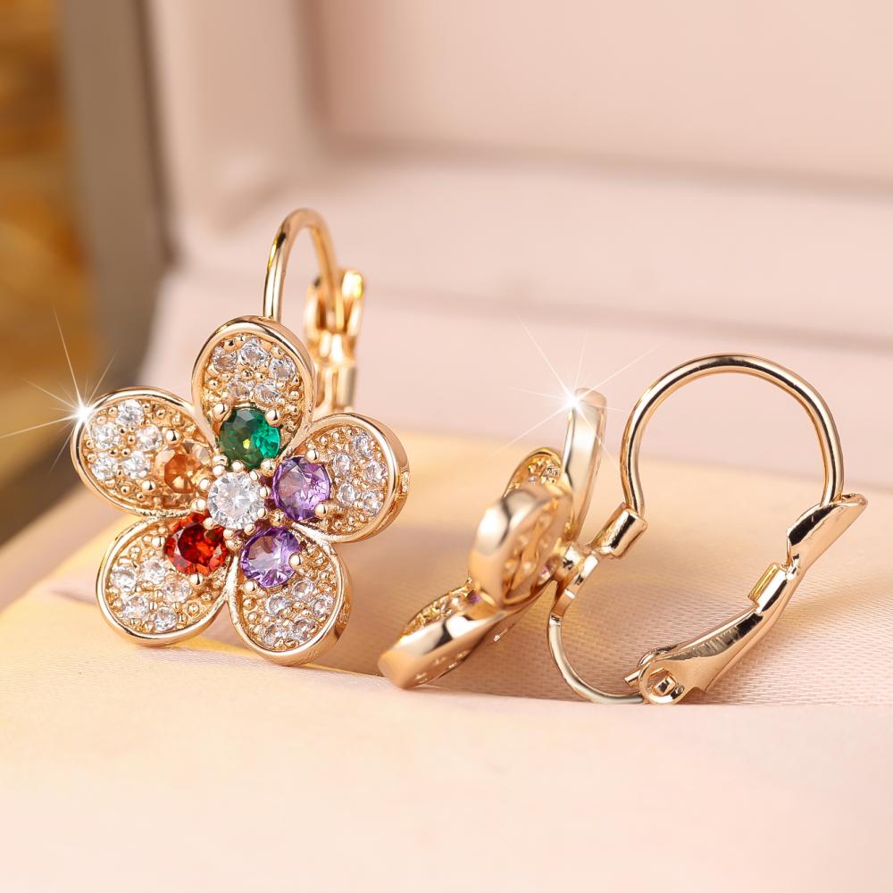Cute Gold Tone Flower Earrings Multi-Color Zircon Statement Jewelry Gift for Women Party