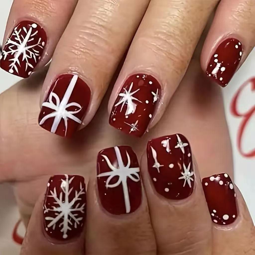 Weihnachten Neue Maniküre Tragen Einfach Rot Schneeflocke Schleife Kurz Quadratisch Tragen Rüstung