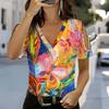 Damen V-Ausschnitt Cold Shoulder Bluse Regenbogen Abstrakt Schmetterling Ölgemälde Druck Kurzarm Top