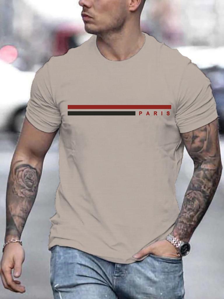2025 New Summer Men's Cotton Paris Letter Printing Casual Sports Versatile Street Crew Neck Short Sleeve T-Shirt Top Large Size