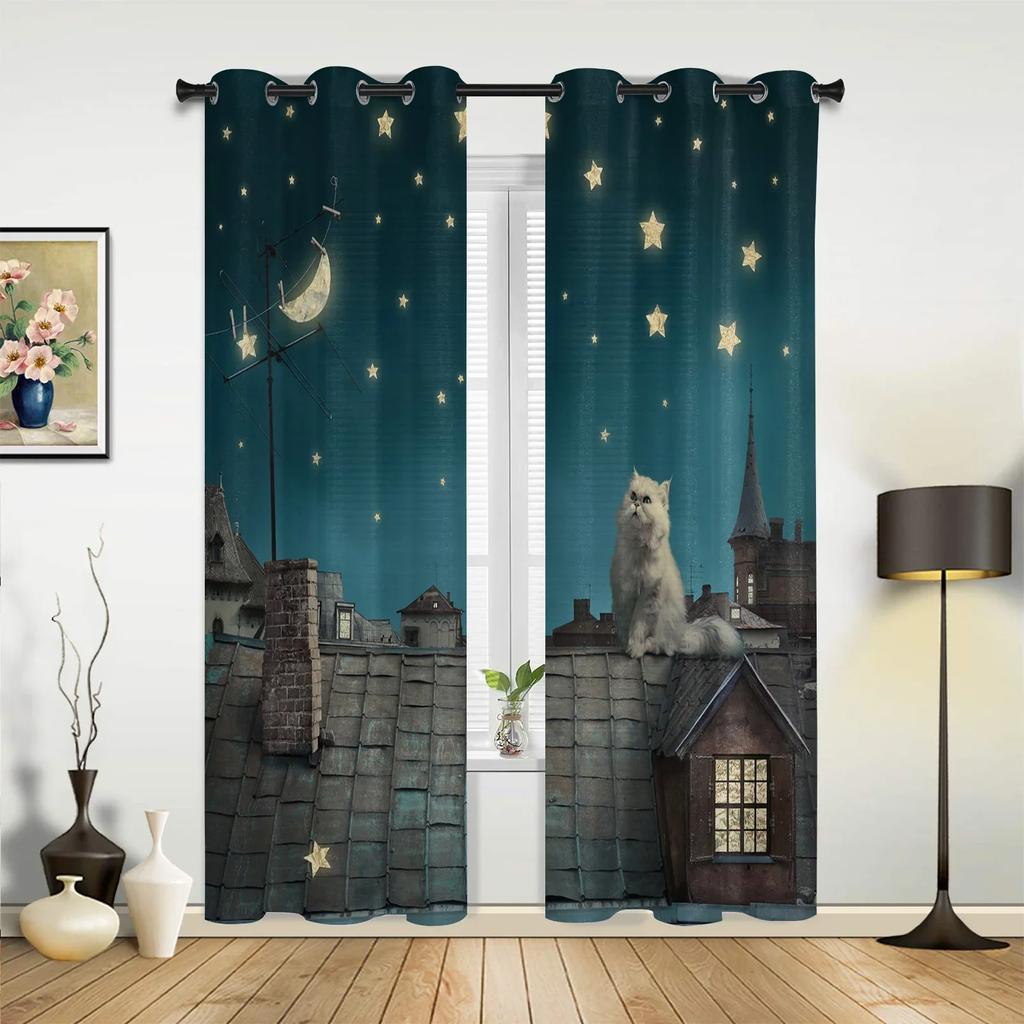 Cat Roof Kitten Night Moon Stars Curtains for Bedroom Living Room Drapes Kitchen Children's Room Window Curtain Home Decor