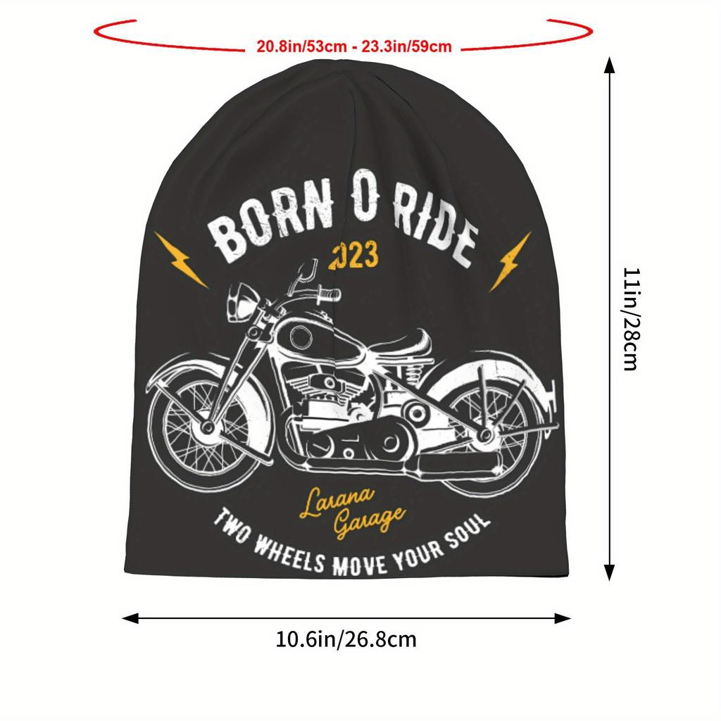 Biihudu Skull Beanie - Black Motorcycle Design With "Born To Ride" & "Two Wheels Move Your Soul" Print, Stylish Polyester Knit H