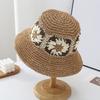 Straw Hat Bohemian Floral Pattern Foldable Beach Hat Wide Brim Hollow Design Bucket Hat Breathable Summer Accessory