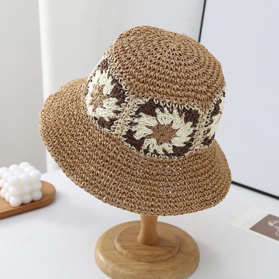 Straw Hat Bohemian Floral Pattern Foldable Beach Hat Wide Brim Hollow Design Bucket Hat Breathable Summer Accessory