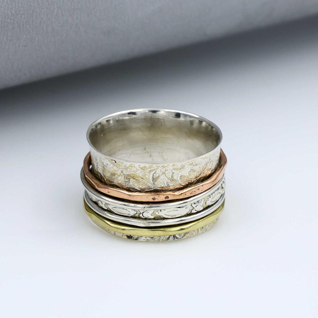 Bague Spinner Band, Bague à trois tons, Bague de créateur, Bague faite à la main, Bijoux fantaisie, Cadeau de mariage, Argent sterling 925