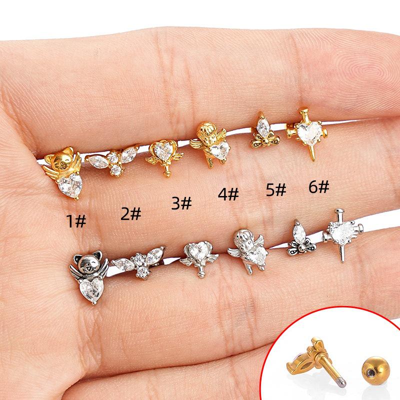 Серьга-гвоздик для хряща уха из нержавеющей стали с геометрическим сердцем и цирконием 1# серебряный