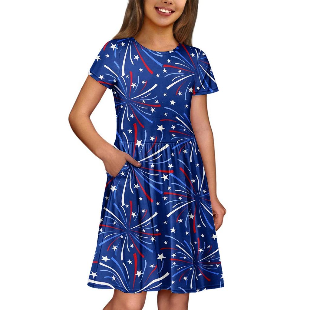 Mädchen Sommerkleid Einfarbig & Druck Ärmelloses Kleid mit Tasche Freizeitkleid Kurzarm Partykleid