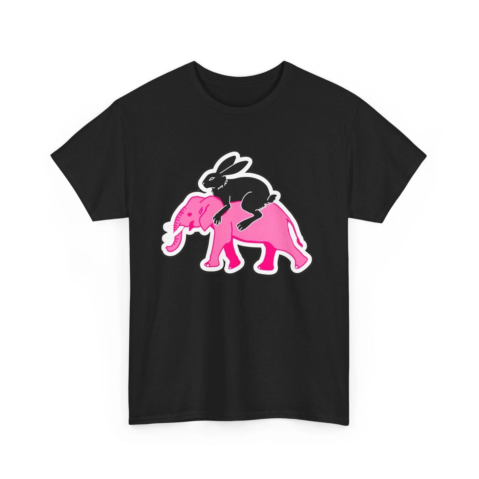 Unisex Adult T Shirt Black Rabbit Pink Elephant Street Art Streetwear Graphic S