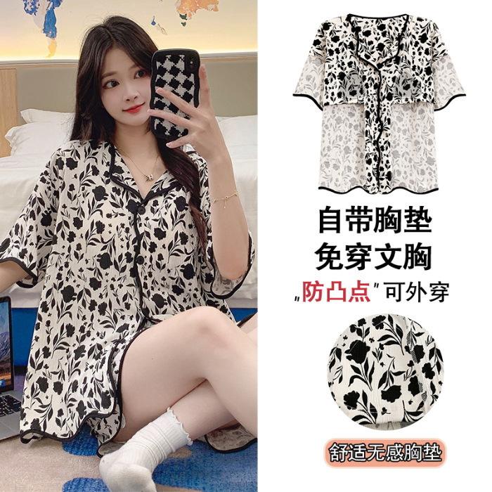 Kommt mit integriertem Brustpolster Pyjama Damen Cardigan Kurzarmshorts Sommer Cartoon Katze Loungewear