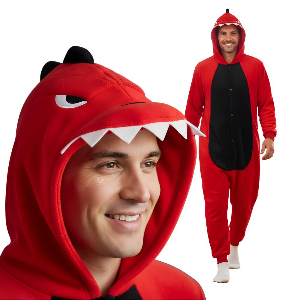 Pyžamo Onesie Kigurumi Kostým Převlek Červený Dinosaurus S: 145 - 155 cm