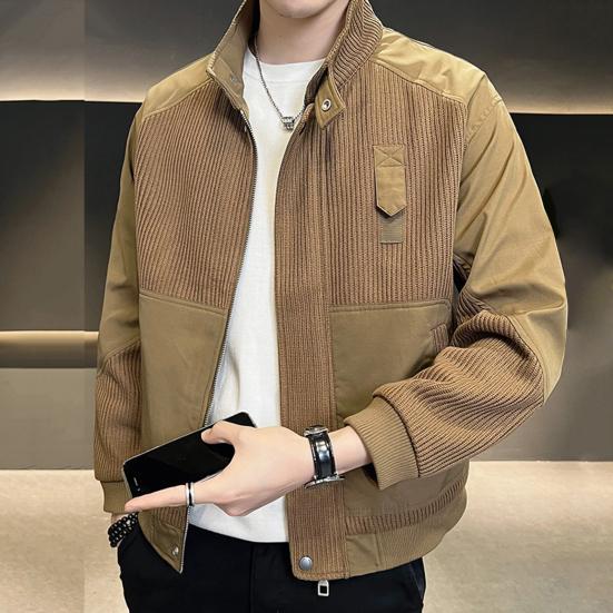 Men Jacket Stand Collar Long Sleeve Zipper Placket Jacket Coat Solid