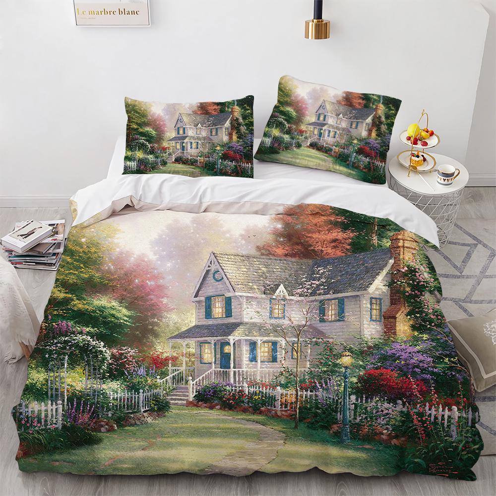 Painting Duvet Cover Set Beautiful Landscape Sun Lake Bridge Polyester Comforter Cover for Kid Boy Girl Artist Bedding Set King