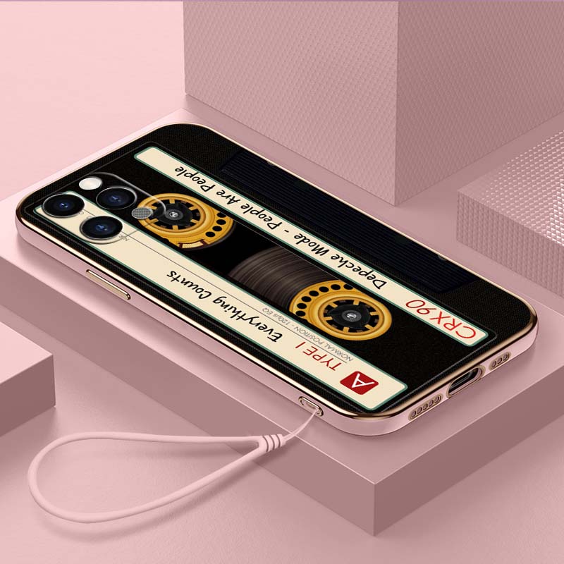 Luxury Plated TPU Phone Case With Lanyard for iPhone 6 6s 7 8 Plus XR XS 11 12 13 14 15 Pro Max Soft Cases A19 Original Retro Cassette Tape Art Cover