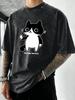 Refuse Anxiety Cartoon Cats Printed Washed T Shirt Men Summer Vacation Tops Trendy ONeck Short Sleeve Soft Cotton Casual Top