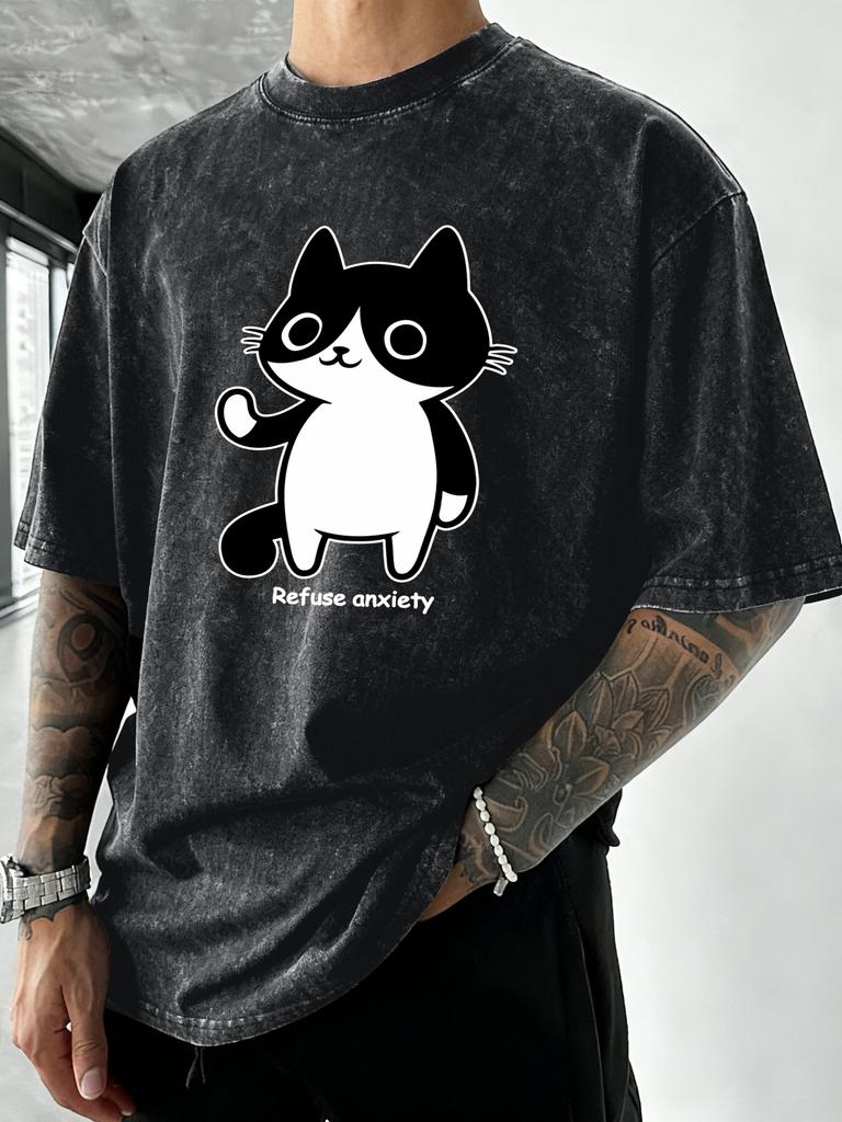 Refuse Anxiety Cartoon Cats Printed Washed T Shirt Men Summer Vacation Tops Trendy ONeck Short Sleeve Soft Cotton Casual Top