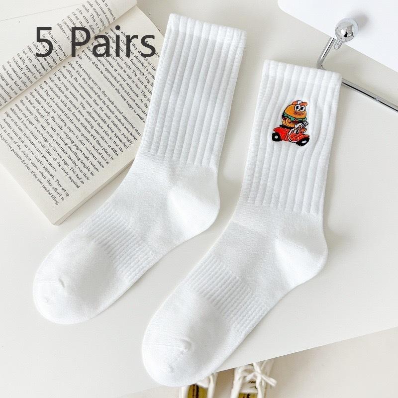 5 perechi de șosete absorbante de transpirație cu design de desene animate, pentru bărbați și femei, cu tub mediu lung, brodate