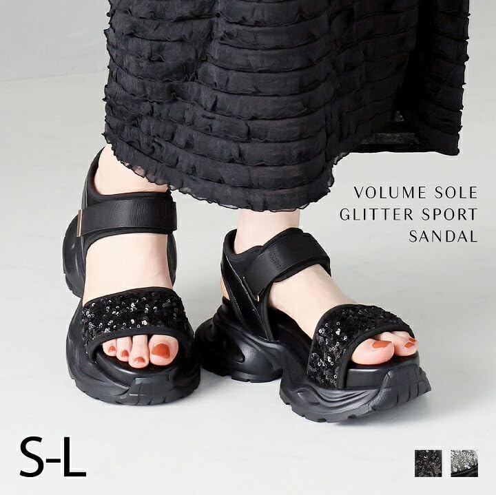 Vivian Women's Platform Sports Sandals with Sequins, Ankle Strap, and Velcro Closure, Black, Size S (22.0-22.5cm), V36001SM