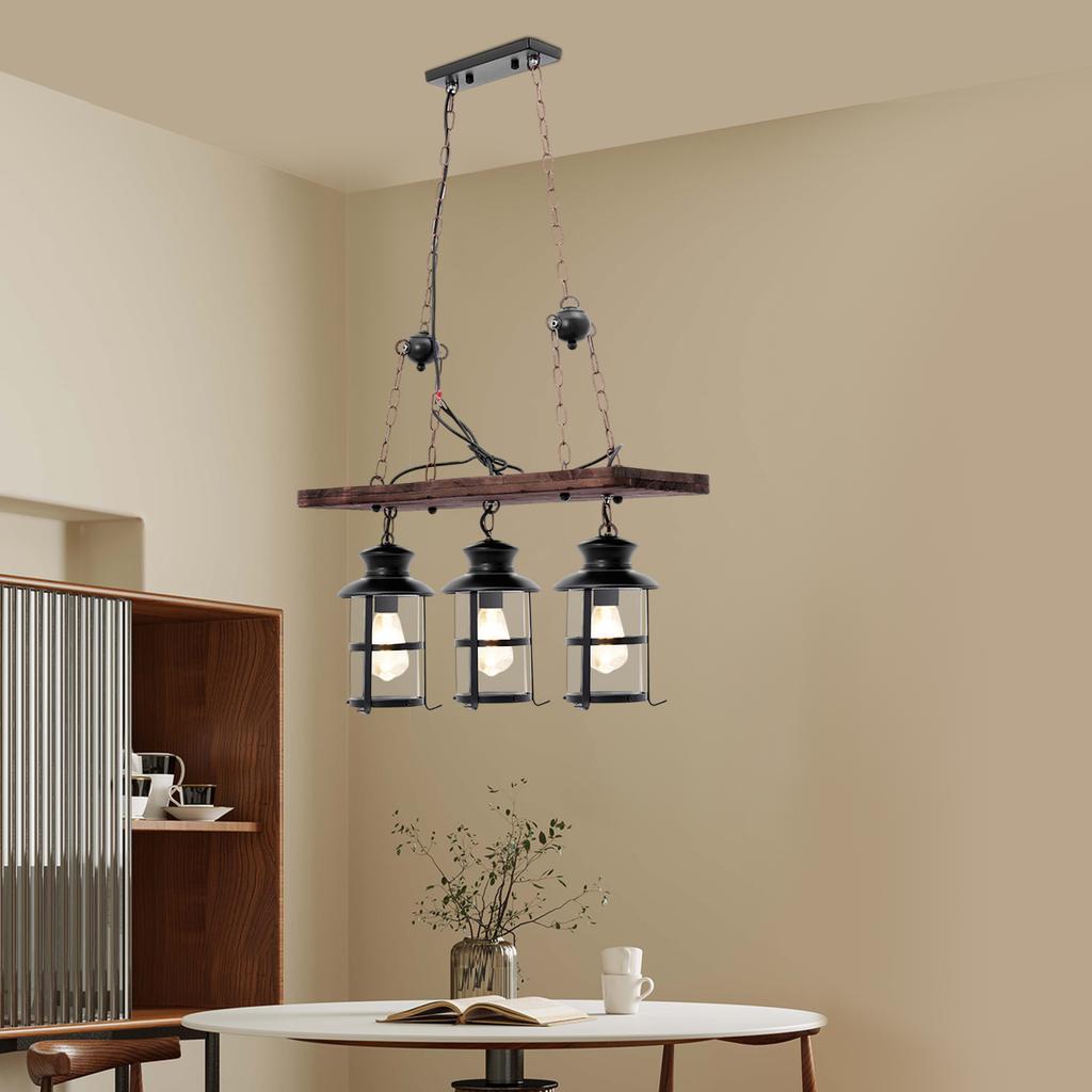 Vintage Industrial 3-Light Pendant Lamp, Rustic Wood & Iron Chandelier for Cafe,Bar,Restaurant – E26/E27 Base, No Bulbs Included