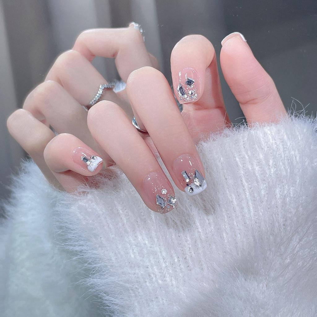 Whitening French Short Ice Translucent Sparkling Diamond  , Diamond Sparkling Diamond Wearable Nail  ,detachable Nail Plate  ,2ML
