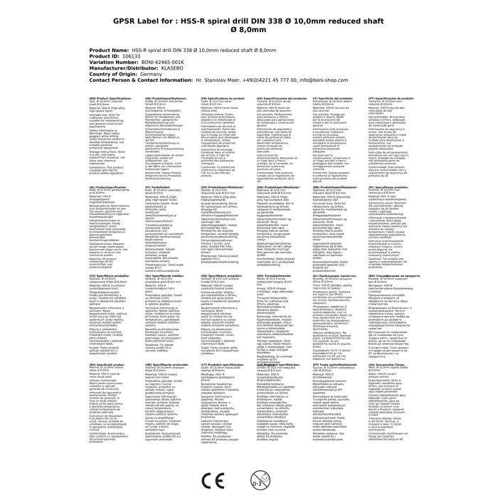 Foret hélicoïdal HSS-R DIN 338 Ø 10,0mm tige réduite Ø 8,0mm