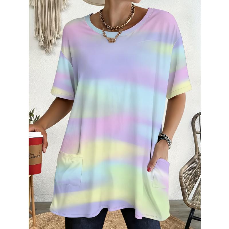 

Women s plus size T-shirt, pink rainbow gradient pattern round neck, full body print, with pocket design 1XL