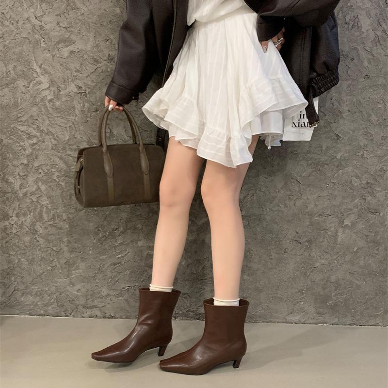 New Korean Version Heel Height 6.5cm~ Minimalist French Square Head Thin Heel Thin Short Ankle Boots Women