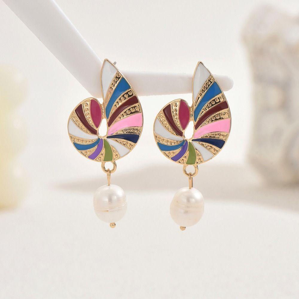 Drip Oil Conch Earrings Conch Color Geometric Drop Earrings Vintage Pearl Conch Earrings  Women