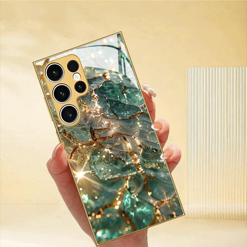 Luxus goldgrünes Glas Handyhülle geeignet für Samsung Galaxy S26 S25 S24 S23 S22 S20 FE/Ultra/Plus sturzsichere Rückabdeckung