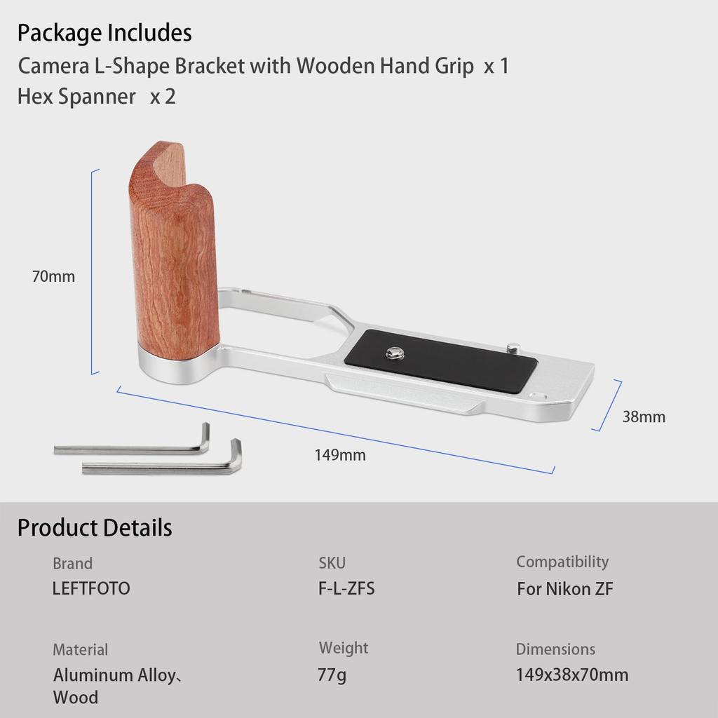Leftfoto zf Retro Handgrip with Rosewood Handgrip for Nikon ZF Arca Quick Release Plate on the Bottom L-Bracket Cameras, Built-in (Silver)