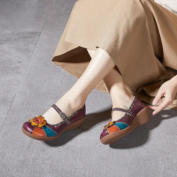Johnature Vintage Flower Colour Wedges Sandals Genuine Leather Handmade Ethnic Style Comfortable Women Shoes