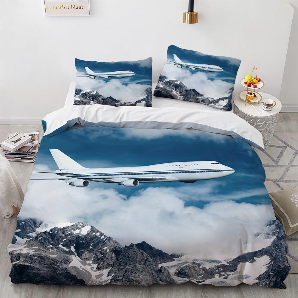 3D Flygplan Kung Drottning Påslakan Rosa Passagerarflygplan Sängkläder Set För Vuxna Himmel Hav Naturlandskap 2/3 st Polyester Täcke
