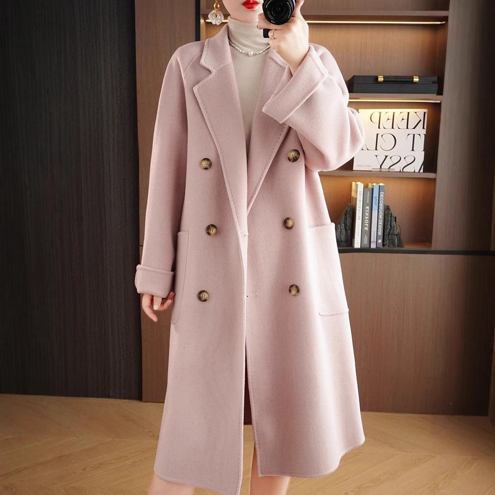 Women's Extra-Long Double-Faced Wool Trench Coat – Classic Suit Collar for Autumn and Winter.