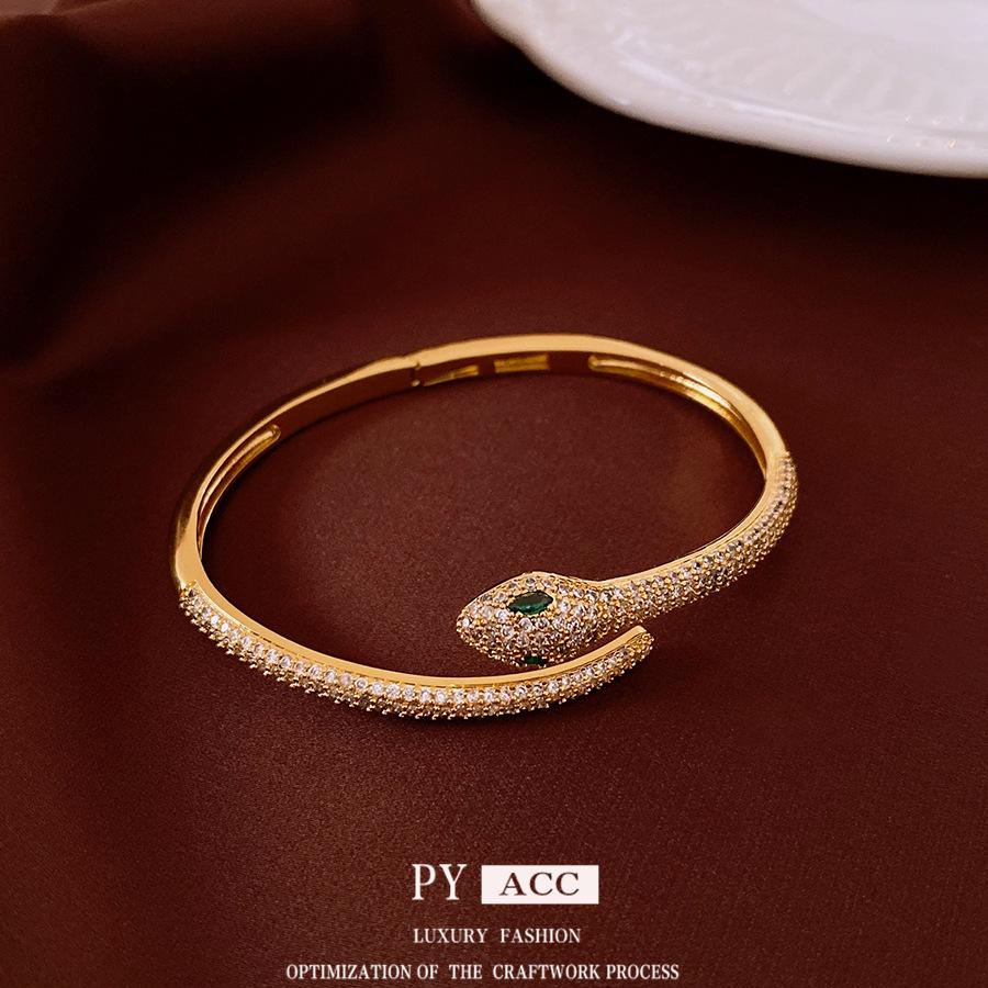 18k Gold-Plated Zircon Snake Bangle: Elegant High-End Fashion Bracelet for Women
