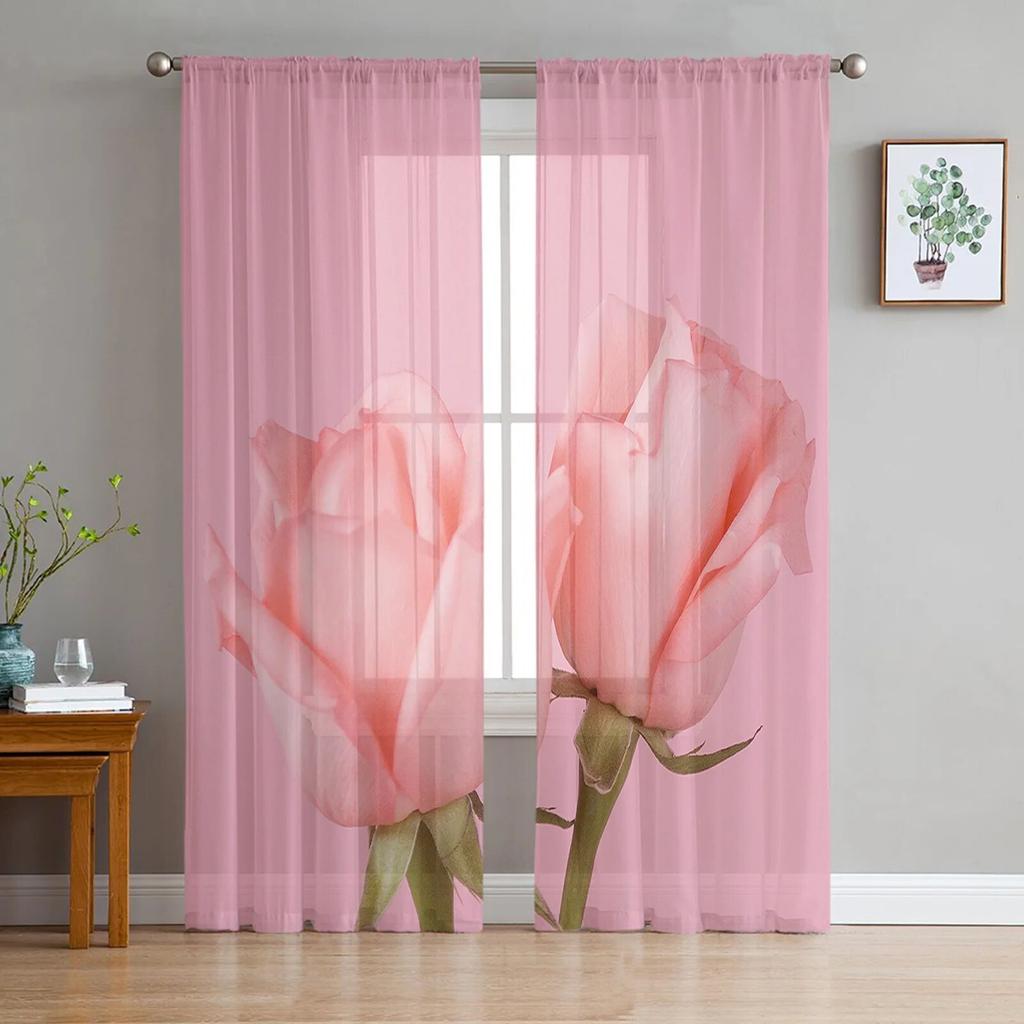 Valentine'S Day Flower Red Rose Flower Tulle Curtains for Living Room Kitchen Sheer Voile Curtain Bedroom Window Panels