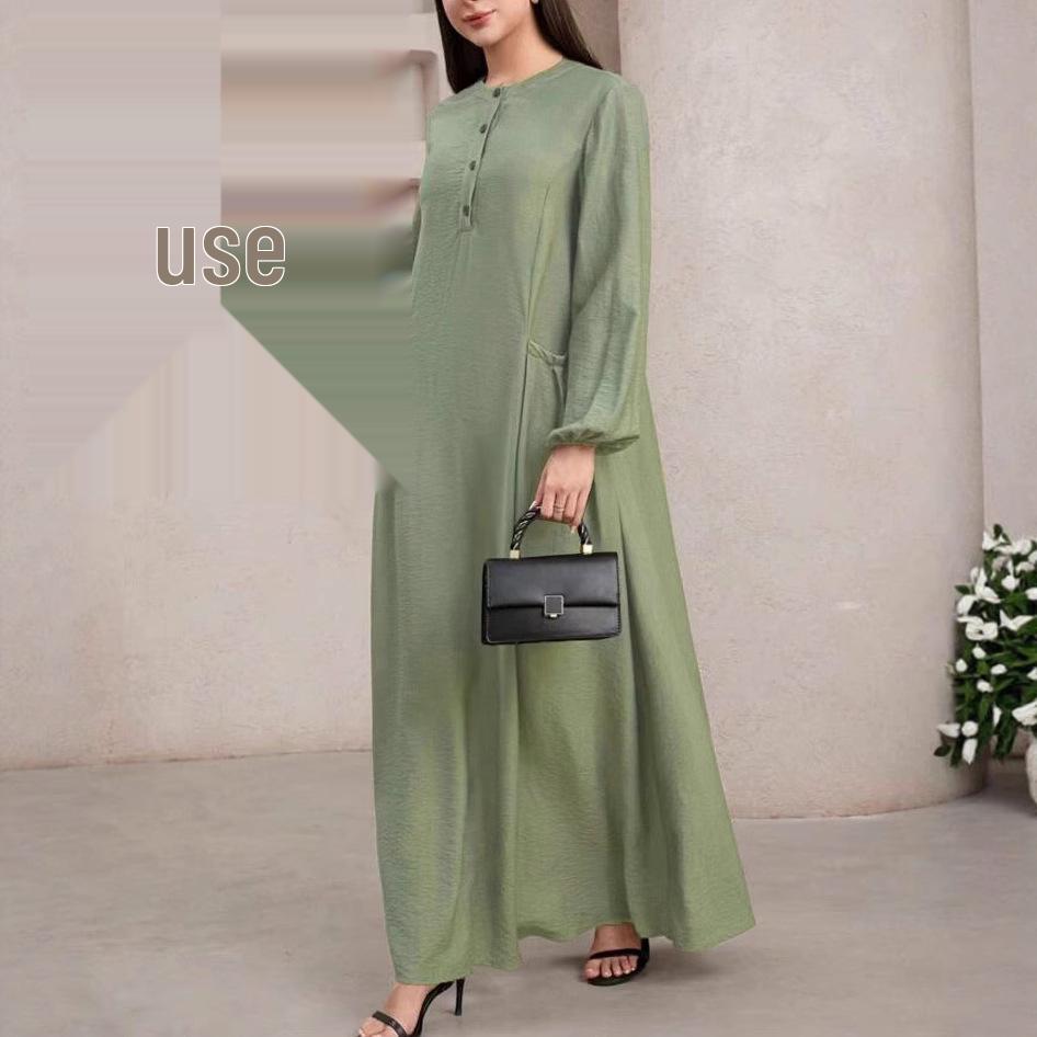 2025 Ethnic Style Muslim Long-Sleeved Robe - Solid Color, Loose Fit Dubai Dress for Women