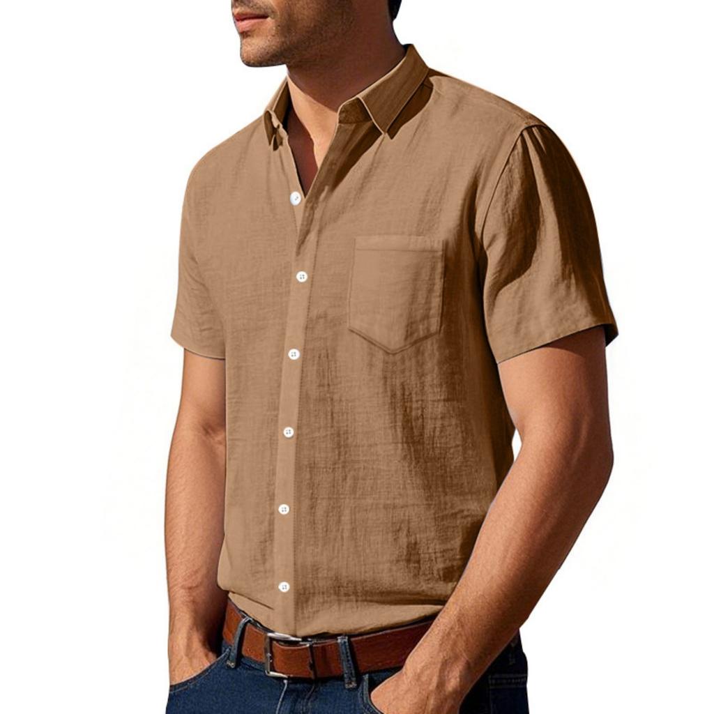 Men's Linen Lapel Short-sleeved Shirt, Solid Color,breathable, Loose And Casual Shirt With  Pocket