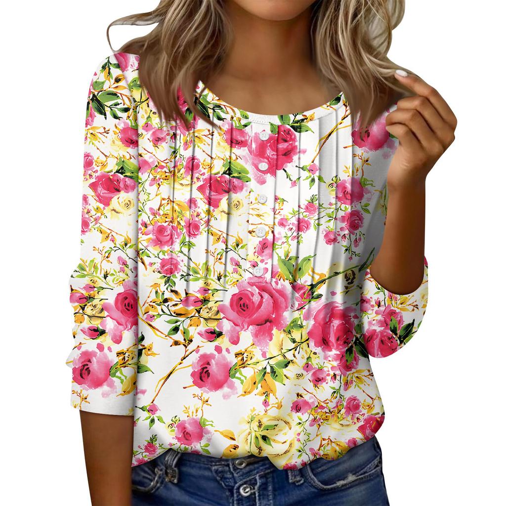 Women's Round Neck Pull Stripe Decorative Button Top Casual Color 3/4 Sleeve T Shirt