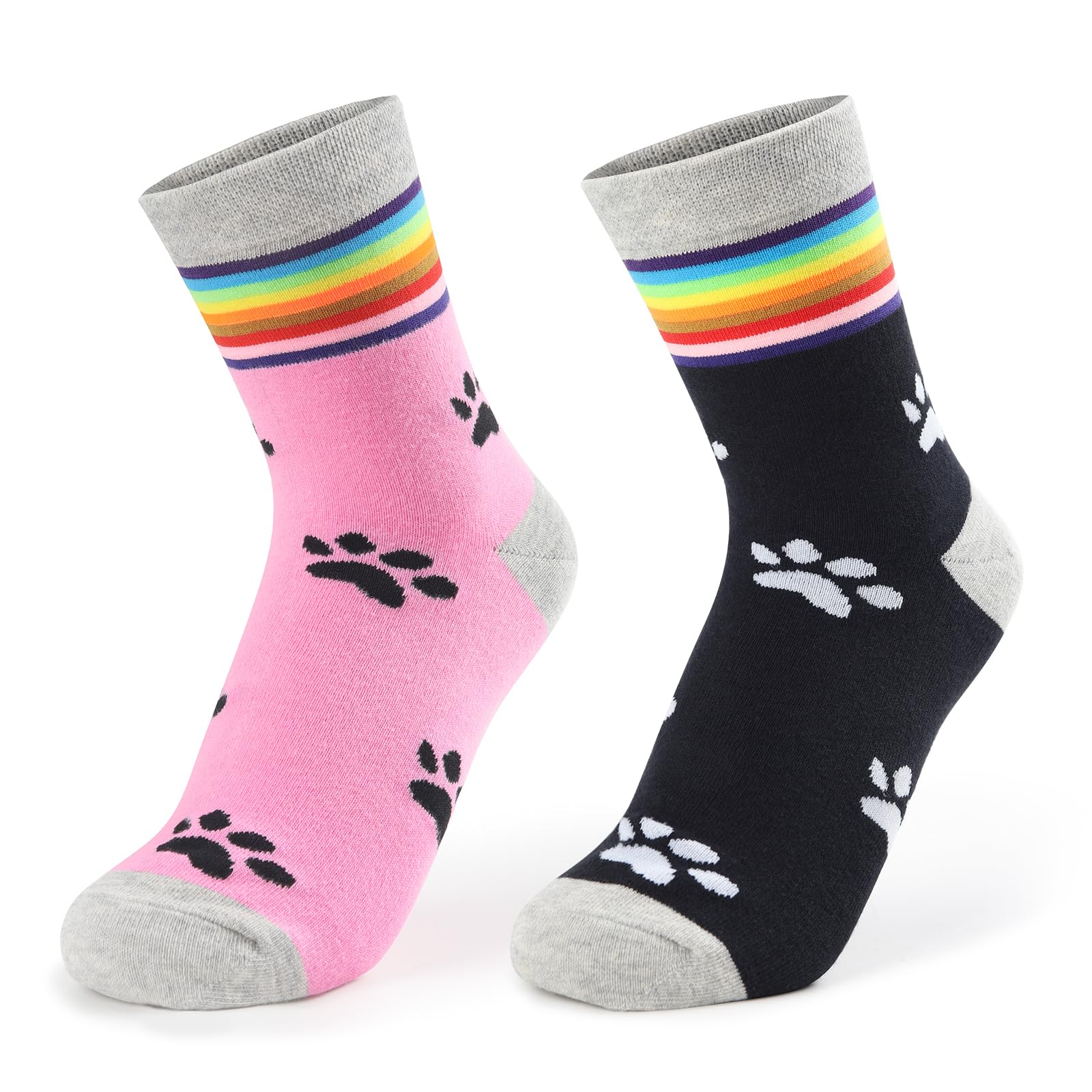 

[LittleForBig] Rainbow Cotton Socks with Cat Paw Prints, Cuff Socks, Cute Print, 2-Piece Set, Black and Pink