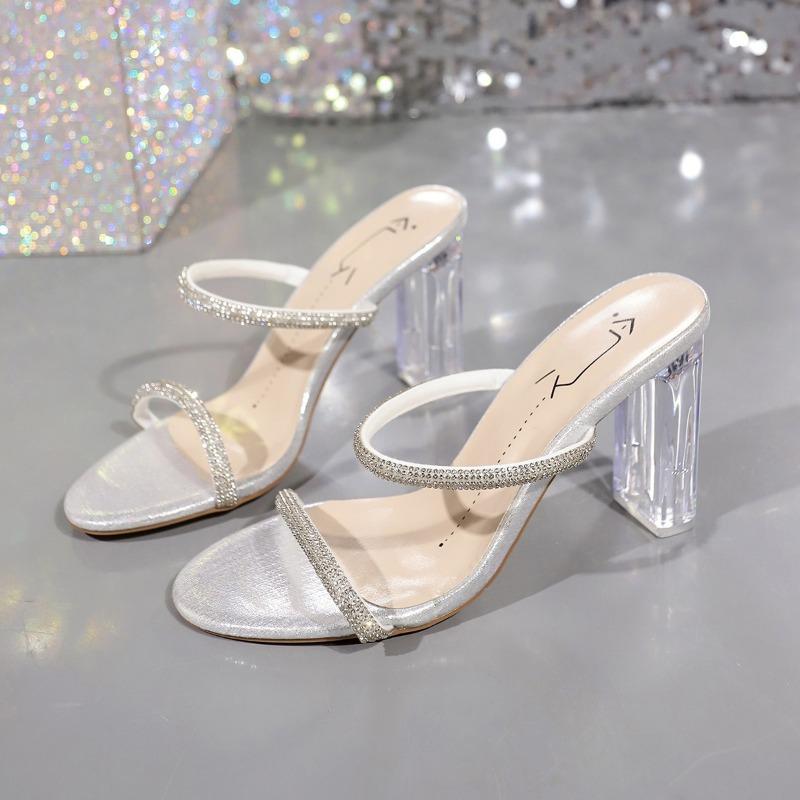 

thick heel high heel cool slippers women s summer new rhinestone outer wear fashion casual word with sandals women 35 покинуть белый