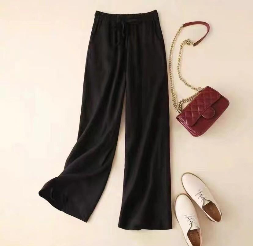 Bumbac, in, pantaloni largi de vară Pantaloni lungi ocazional vintage, de damă, culoare uni, alb, negru, elastic, pantaloni cu talie înaltă