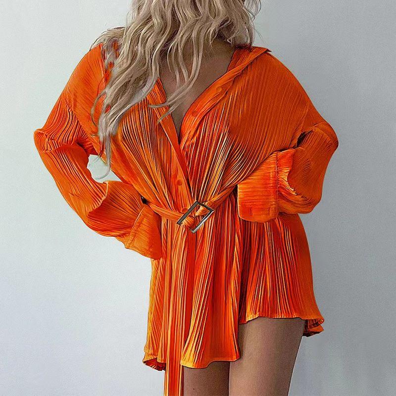 

European and American Pleated Waist Long-sleeved Shirt Skirt Orange L