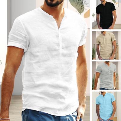 Camicia Estiva da Uomo Tinta Unita Collo Alto Bottoni Maniche Corte Sottile Abbigliamento Quotidiano Vestibilità Slim Scollo a V Top Estivo da Uomo Indumento da Uomo