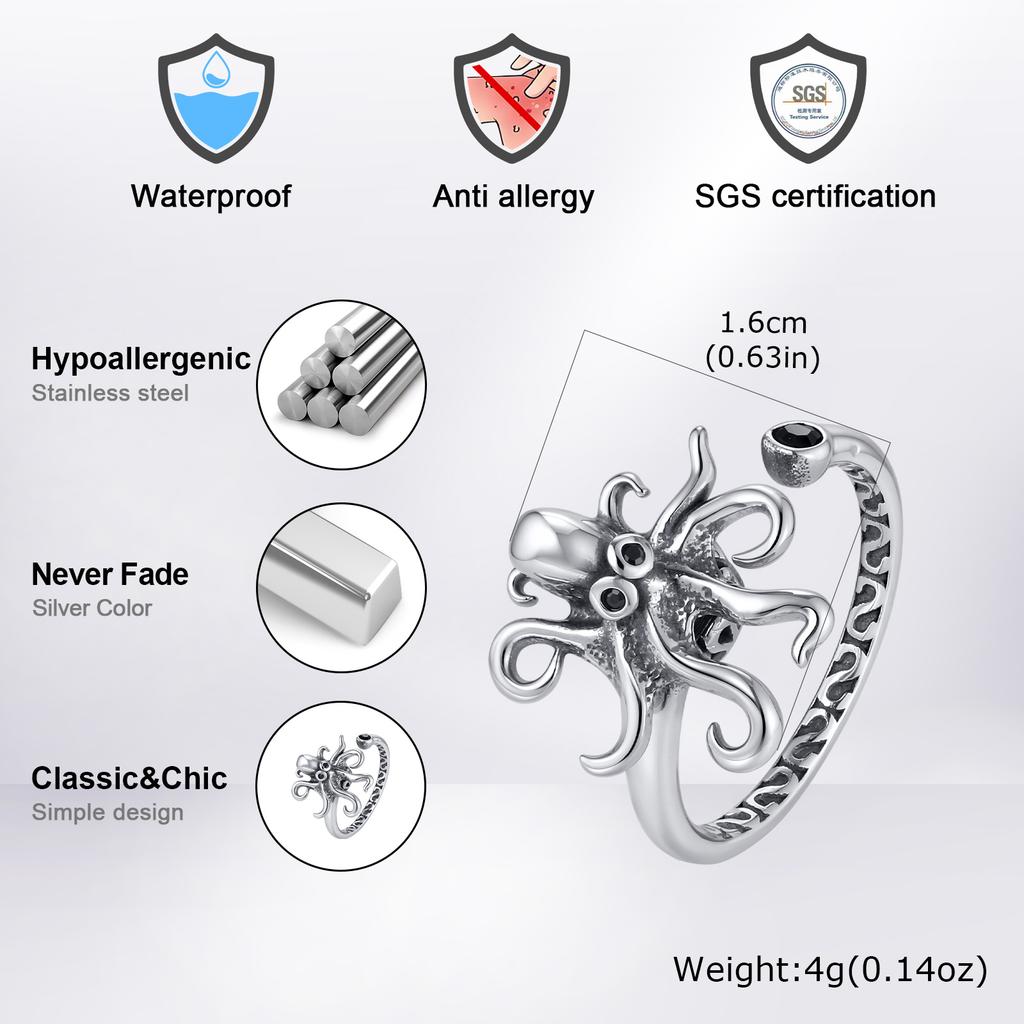 Modischer cooler drehbarer Oktopus-Ring für Männer, offener Ring mit Oktopus-Tentakeln aus Edelstahl, Unisex-Fingerring-Geschenk
