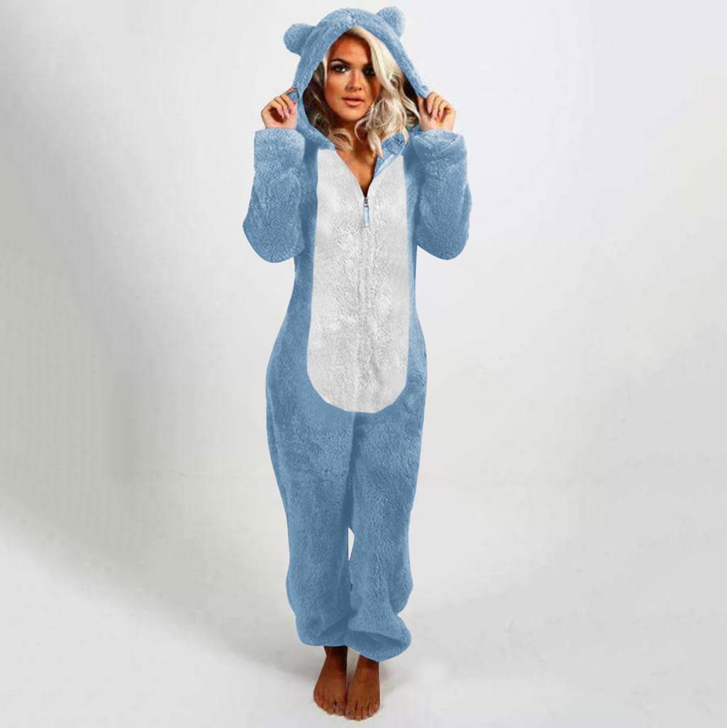 Women's Fashion Fleece-Lined Thickened Fleece Hooded Pyjamas With Zip-Up Onesie